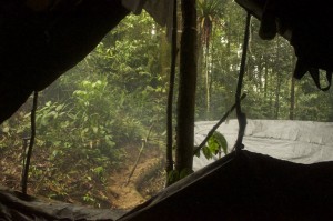 Looking out at the rain from our shelter