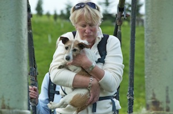 Ann not enjoying a 'hands free' experience on a suspension bridge with Dodja.
