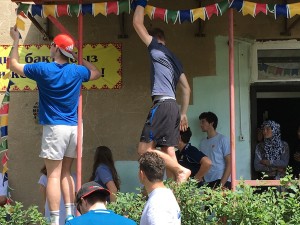 The flags being hung around the entrance to Aruu-Telek